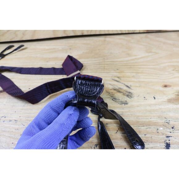 Trafalgar Silk Blue Red Striped Suspenders 1.375" Wide Black Leather Attachments - Picture 5 of 9